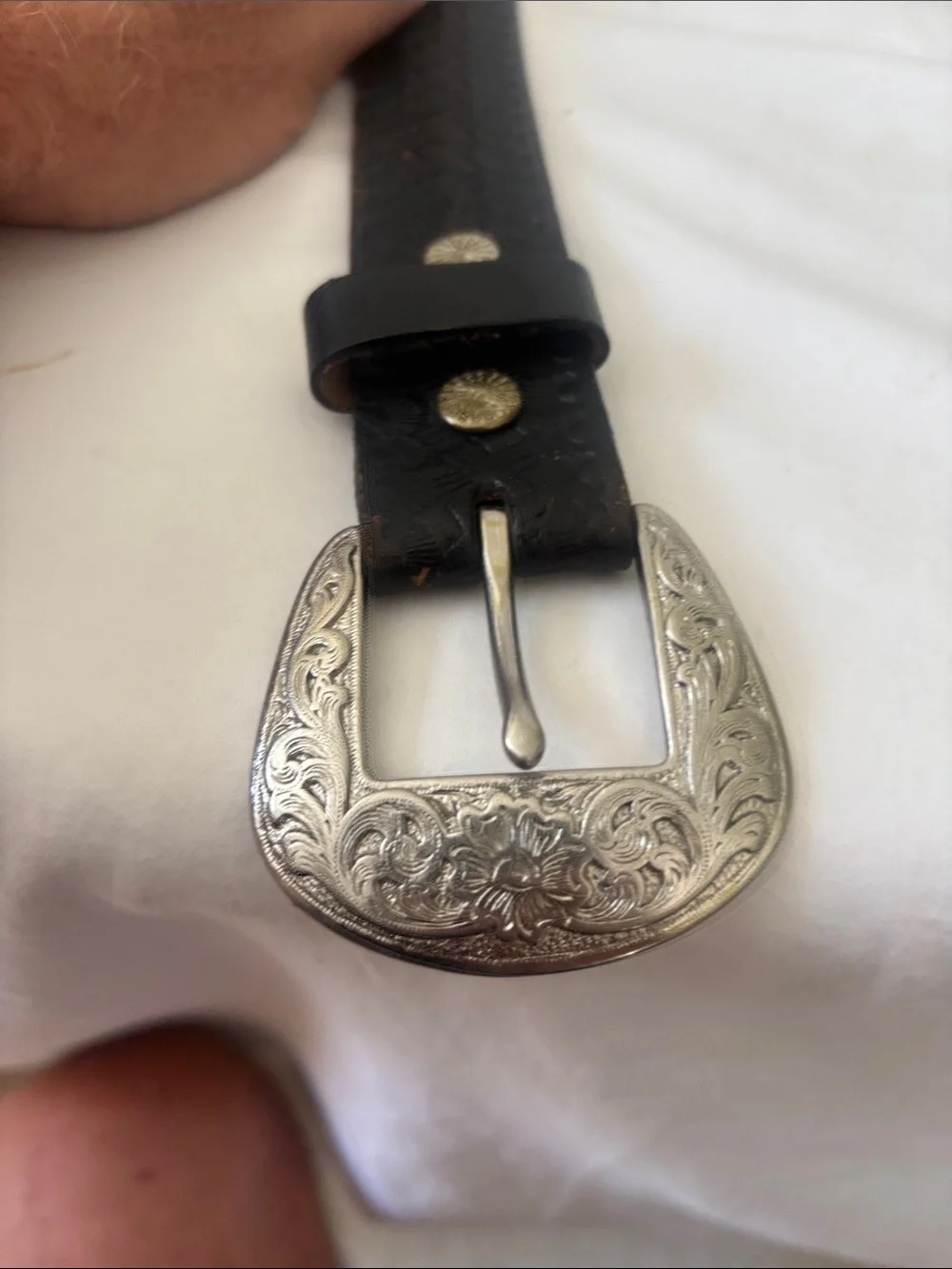 Black Woven Leather Belt with Silver Floral Buckle